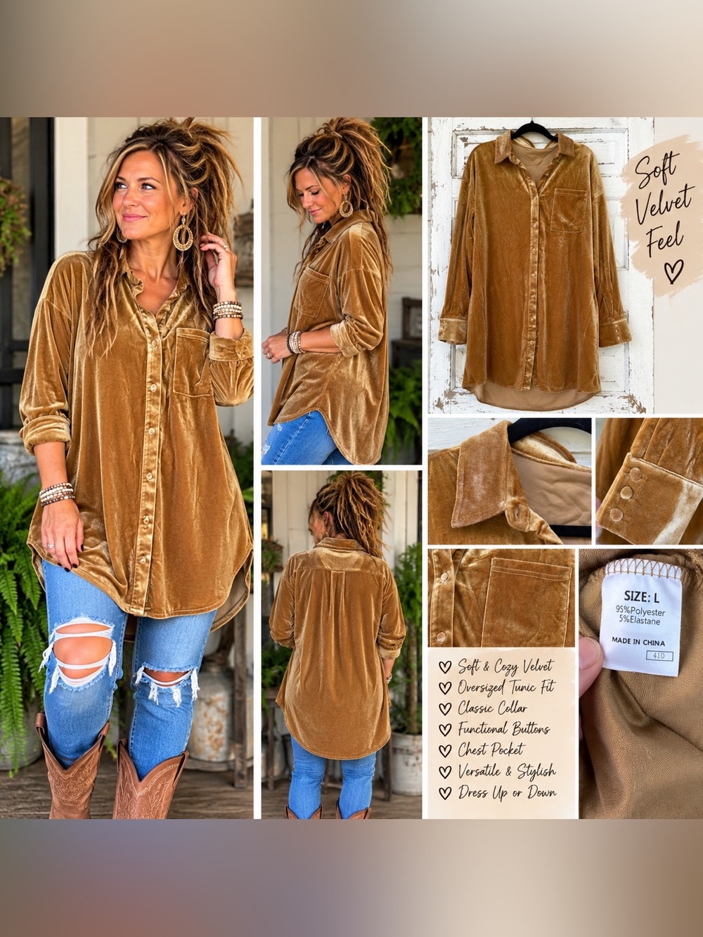 Velvet Oversized Tunic Shirt - Camel Brown